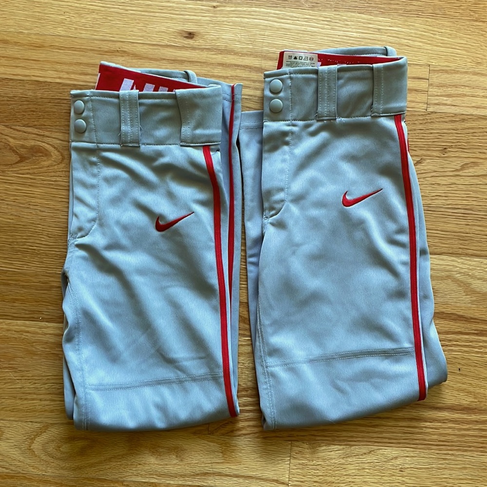 NIKE Swingman Baseball Pants Boys Youth Small Gray with Red Piping (2 P…